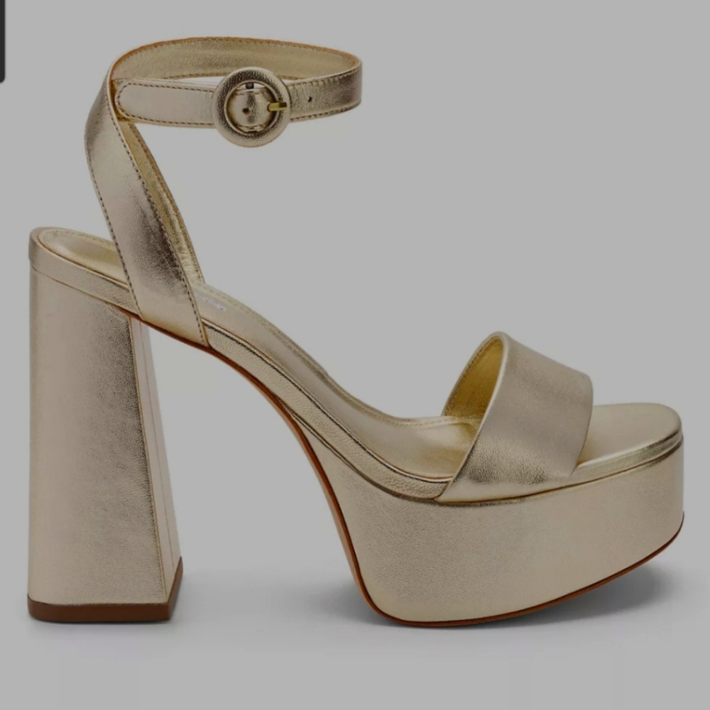 LARROUDE Dolly Sandal in Gold Metallic Leather.  7.5
